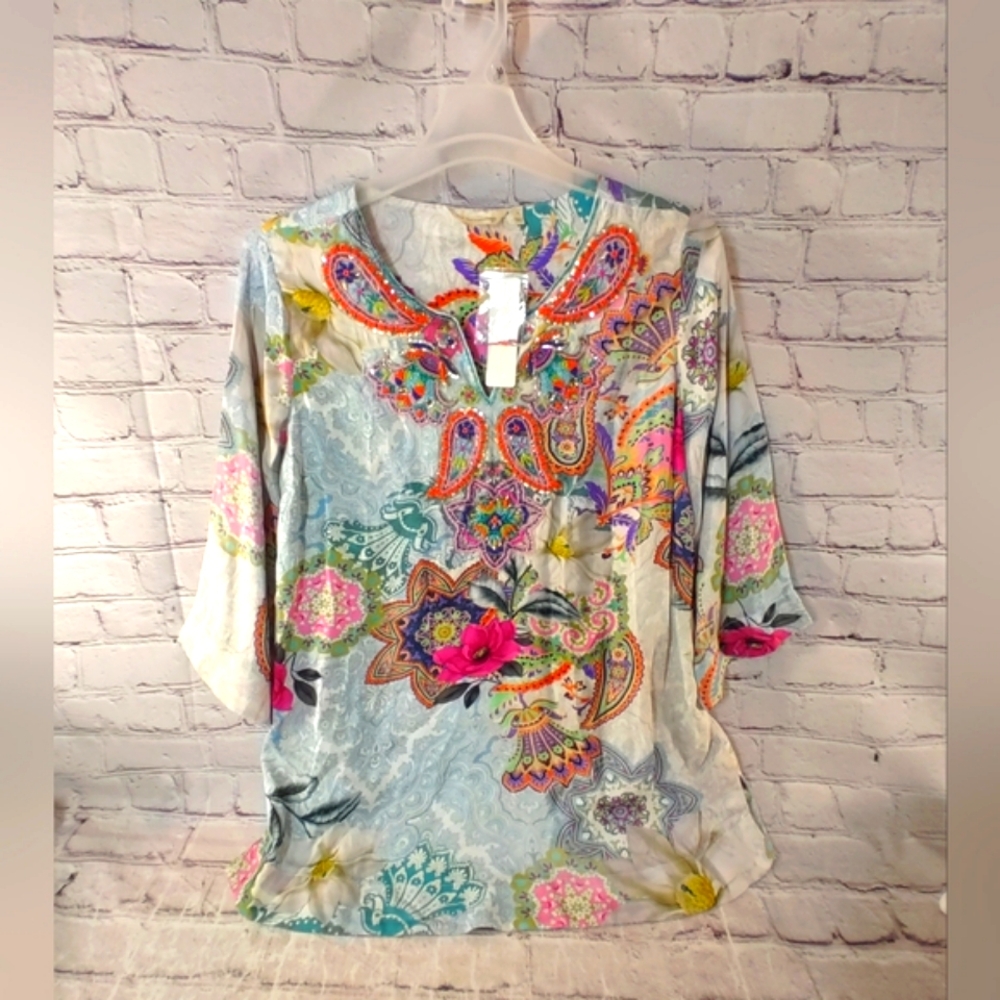 Soft Surroundings Florent Tunic Sequined Aquatic Blue Top Large NWT Paisley